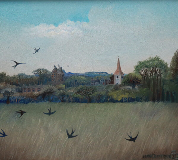 birds flying in a field